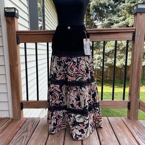 Vintage d. Jeans Mixed Fabric Floral Tiered Maxi Skirt Size 14 Boho Y2K New